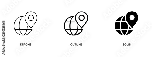 Global location pin icon set in stroke outline and solid styles
