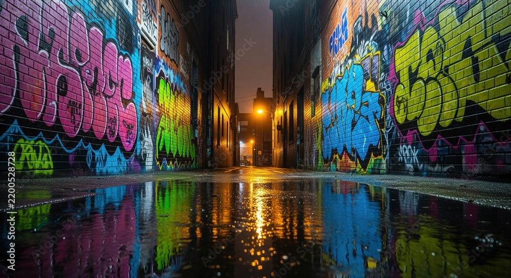 Obraz premium A narrow urban alley at night with vibrant graffiti art in pink, blue, green, and yellow on brick walls. Wet pavement reflects the colorful street art and warm lights, creating a moody scene.