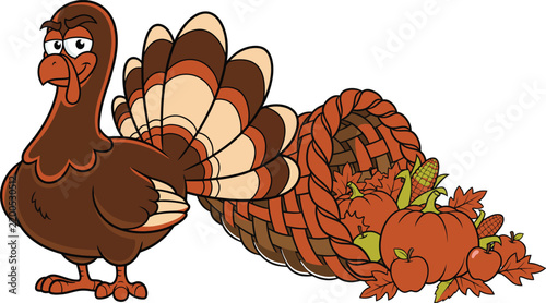 Funny grumpy turkey with cornucopia vector illustration