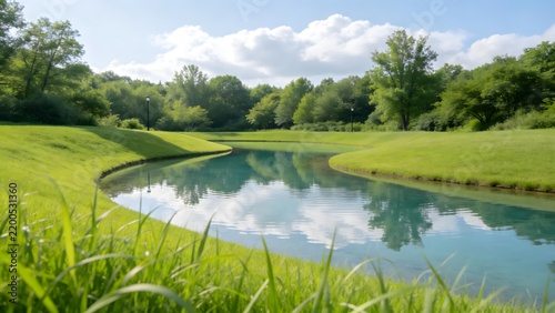 Serene Park Landscape with Curved Pond and Lush Green Lawns