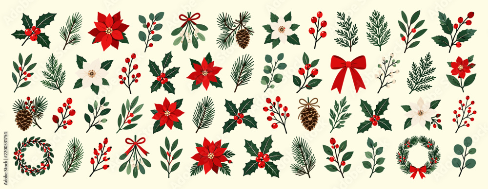 Obraz premium Christmas botanical leaf and flower set with hand drawn holly, pine branches, winter foliage, rustic wreath elements and festive holiday plant decorations. Vector illustration