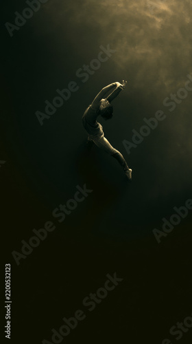 Minimalist lone person stretching from low angle with moody low key lighting