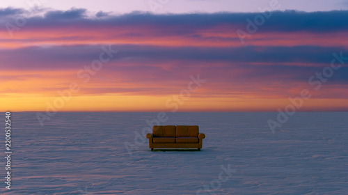 Minimalist lone sofa rule of thirds golden hour dramatic epic pastel colors film