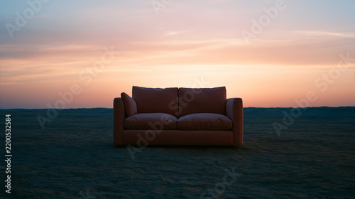Minimalist lone sofa rule of thirds golden hour dramatic epic pastel colors film
