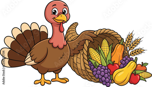 Cute turkey pointing at cornucopia vector illustration