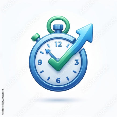3D productivity icon combining a stopwatch, checkmark and upward arrow