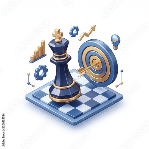 3D business strategy icon featuring a chess piece, target and small planning elements