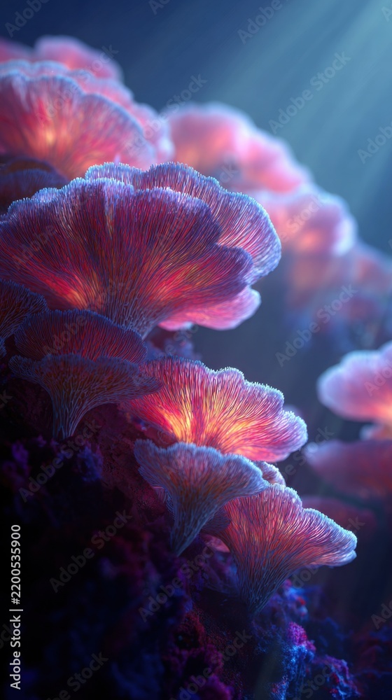 Fototapeta premium Colorful coral formations grow on the ocean floor in a bright underwater scene during daylight hours
