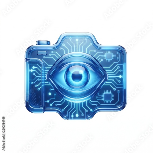 3D computer vision icon featuring a stylized eye combined with a digital camera frame and circuit pattern