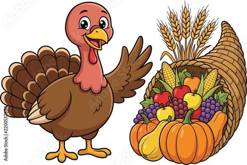 Cute happy turkey waving with cornucopia vector illustration