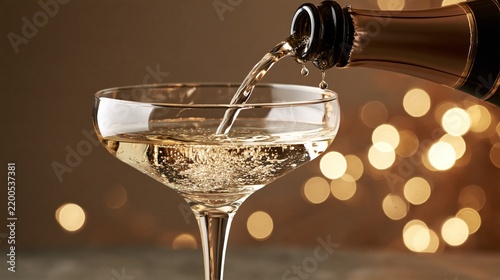 Golden light spills from bottle into glass. Bubbles dance as sparkling wine pours. Warm bokeh glows softly behind glass. Celebration moment captured with elegance. Perfect for luxury, festive