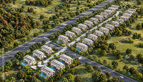 Aerial View of Modern Suburban Residential Housing Development