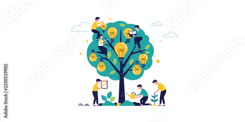 A stylized tree with illuminated lightbulbs and people represents growth innovation and collaborative ideas collaboration concept creative development strategy business teamwork planning solution