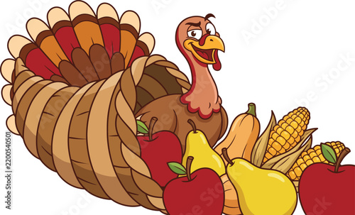 Cute turkey inside cornucopia vector illustration
