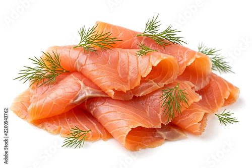 Thin sliced smoked salmon rolls with fresh dill sprigs garnish, isolated on pure white background. Premium seafood appetizer.