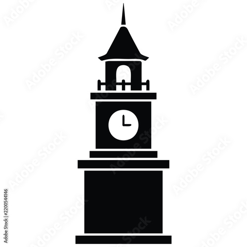 Traditional clock tower silhouette vector illustration with balcony for city travel maps.