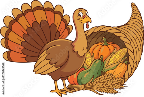 Cute Thanksgiving turkey standing with cornucopia vector illustration