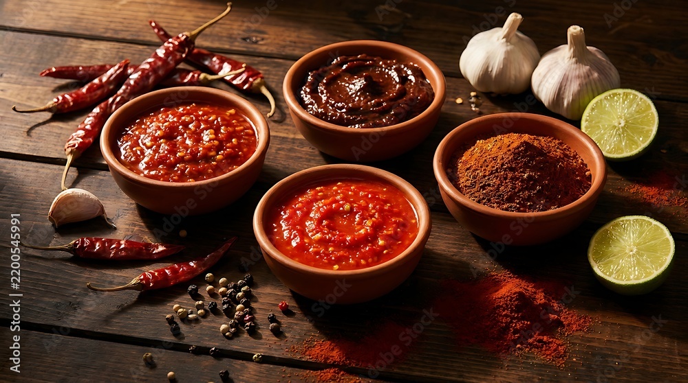 Fototapeta premium Bowls of spicy red and dark sauces with chili peppers garlic and lime on a rustic dark wooden table. marinade variations