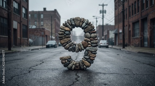 Number nine made of stacked stones on a city street