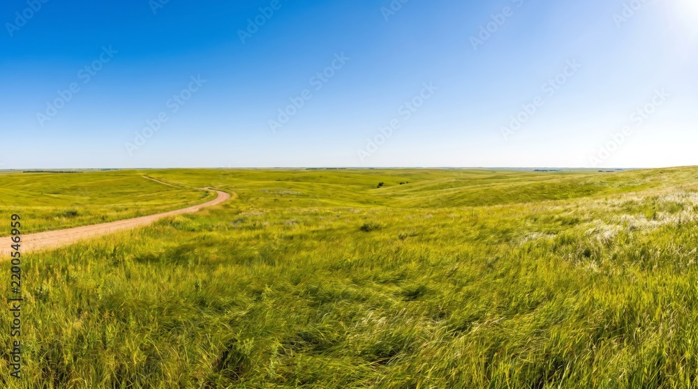 Obraz premium Dirt road curves through lush green prairie hills under a clear sky