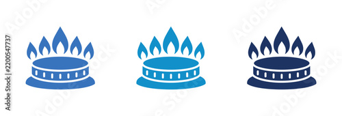 Three blue gas stove burner icons with flames representing natural energy and cooking heat.