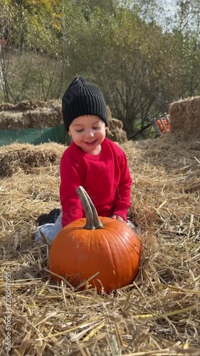 Boy sitting with pumpkin on straw