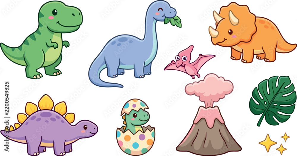 Obraz premium Cute Cartoon Dinosaurs Set with Volcano, Leaves, and Sparkling Stars