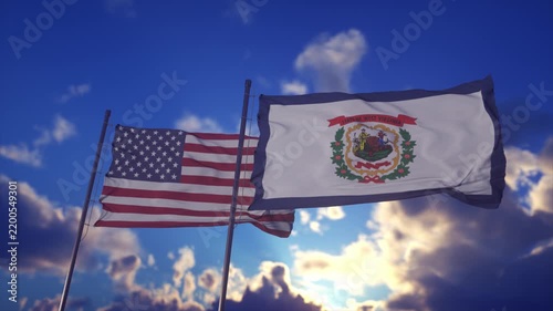 West Virginia State Flag and American Flag Waving Against Dramatic Sky