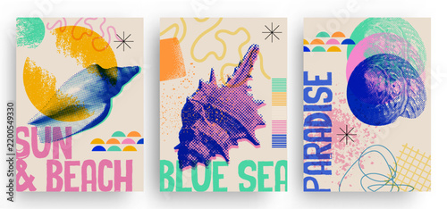 Colorful pop art style deco poster set with seashell and marine life in halftone collage texture, vector illustration. Ideal for print, card, fabric, banner, cover.
