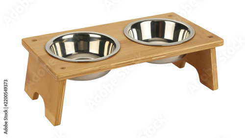 Wooden elevated pet feeder with two stainless steel bowls for animals