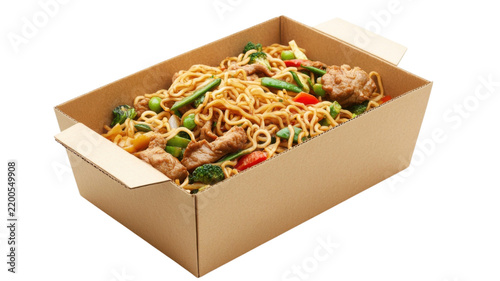 Asian chow mein noodles with beef and vegetables in a cardboard box isolated on a transparent background