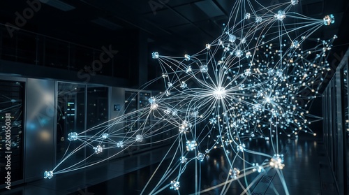 Digital network visualization with glowing nodes and connecting lines in a dark server room, representing data flow and connectivity