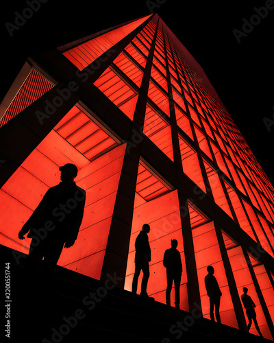 Ten Shadows
Modern conceptual poster featuring ten abstract architectural shadows arranged vertically, each symbolizing one head of Ravana without depicting a literal character, dramatic red-orange il