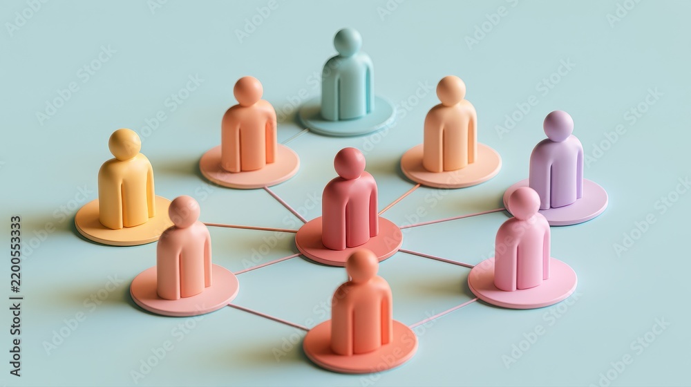 Obraz premium Strategic planning symbolic people distribution organizational chart business modeling management process visual communication flat design side view consulting theme 3D render colored pastel. 