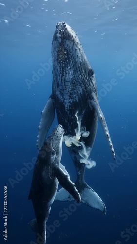 Mother humpback whale and calf swimming in deep blue ocean.