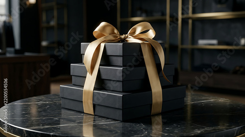 Stack of elegant black gift boxes tied with a luxurious gold silk ribbon on a dark marble table inside a premium boutique interior. Realistic 3D render.