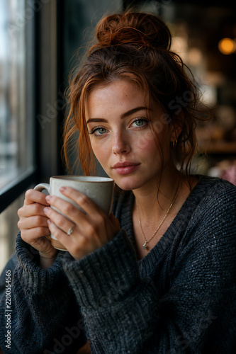 Portrait of a beautiful young woman with freckles and messy auburn hair wearing a chunky grey knit sweater while holding a ceramic coffee mug by a window. Cinematic photography.