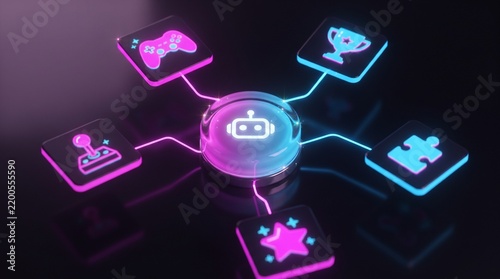 Neon glowing robot head icon connected to gaming and technology symbols on a dark black background digital art
