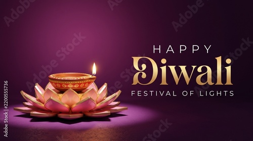 Happy diwali festival of lights greeting card with a burning oil lamp diya on a dark purple elegant background
