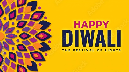 Happy diwali festival of lights greeting card with colorful mandala pattern and text on a bright yellow background
