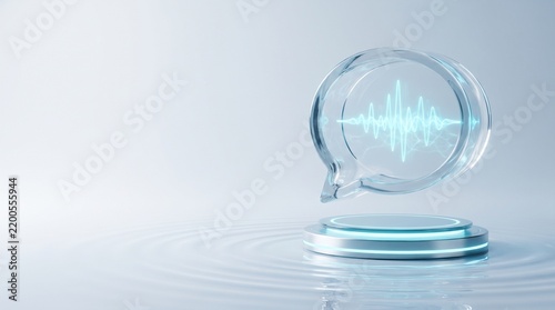 Glass speech bubble icon with a glowing blue sound wave symbol floating above a modern metallic display podium