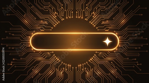 Glowing orange light button on a dark computer circuit board with gold lines and electronic connection paths