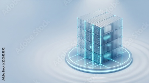Stack of shipping containers with glowing blue digital light lines on a circular platform in a tech studio