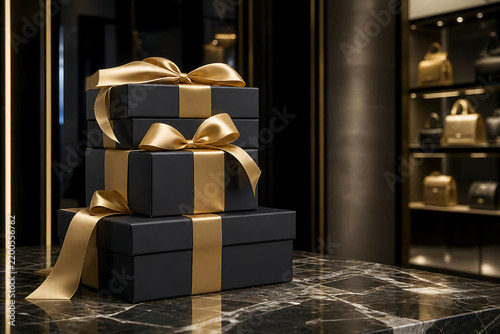 Elegant stack of premium black gift boxes adorned with a golden ribbon on a polished marble table inside a luxury boutique with blurred background shelves. Realistic 3D render.