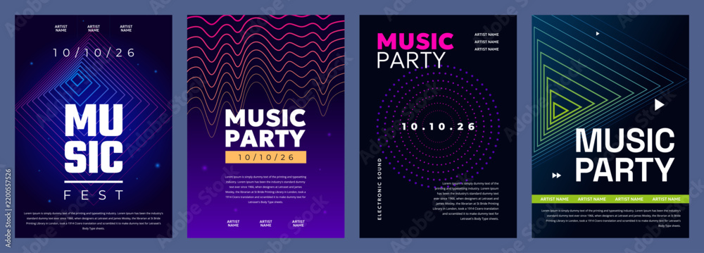Fototapeta premium Vibrant music event posters featuring festive designs for upcoming music party
