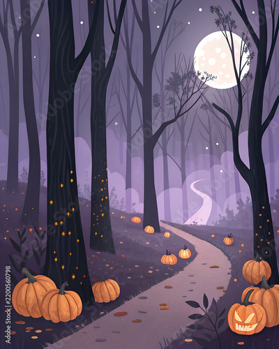 Enchanted Pumpkin Forest
Dark forest filled with glowing pumpkins along a winding path, tall black trees, purple fog, pale moon shining through branches