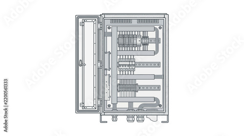 Technical circuit breaker panel with detailed wiring diagram and components