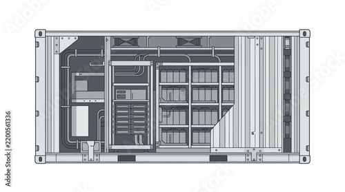 Technical Blueprint of Server Rack with Networking and Cooling Infrastructure