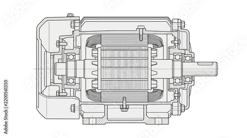 Technical Cross Sectional Diagram of an Electric Motor with Stator and Rotor Components