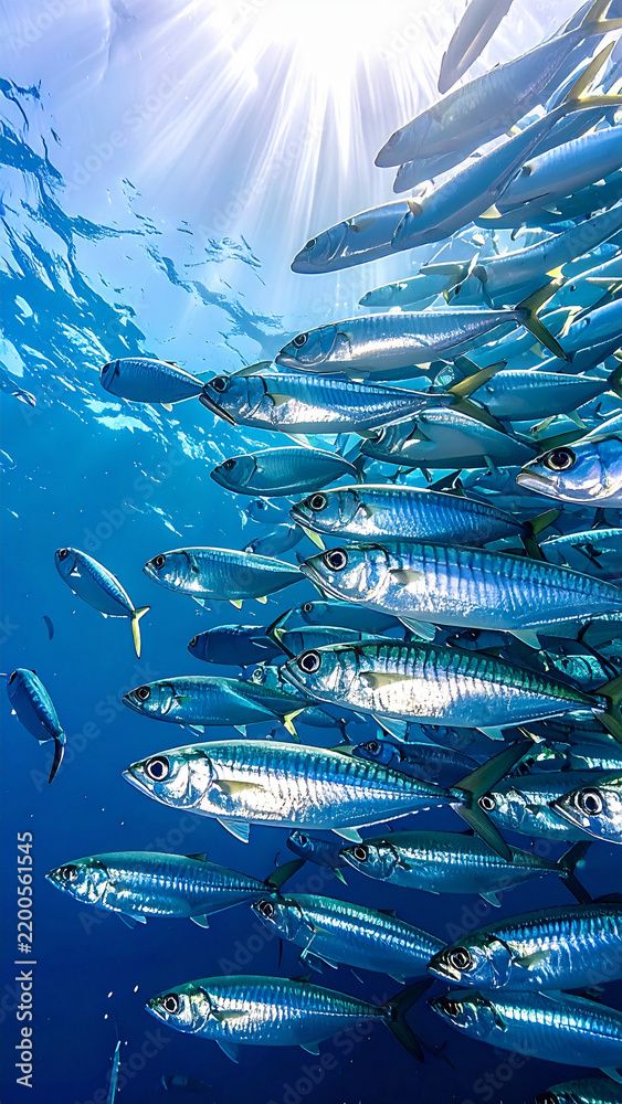 Obraz premium A vibrant school of mackerel swims through crystal blue ocean waters, illuminated by sunlight filtering from the surface. This serene, no people underwater scene evokes peace and wild unity.